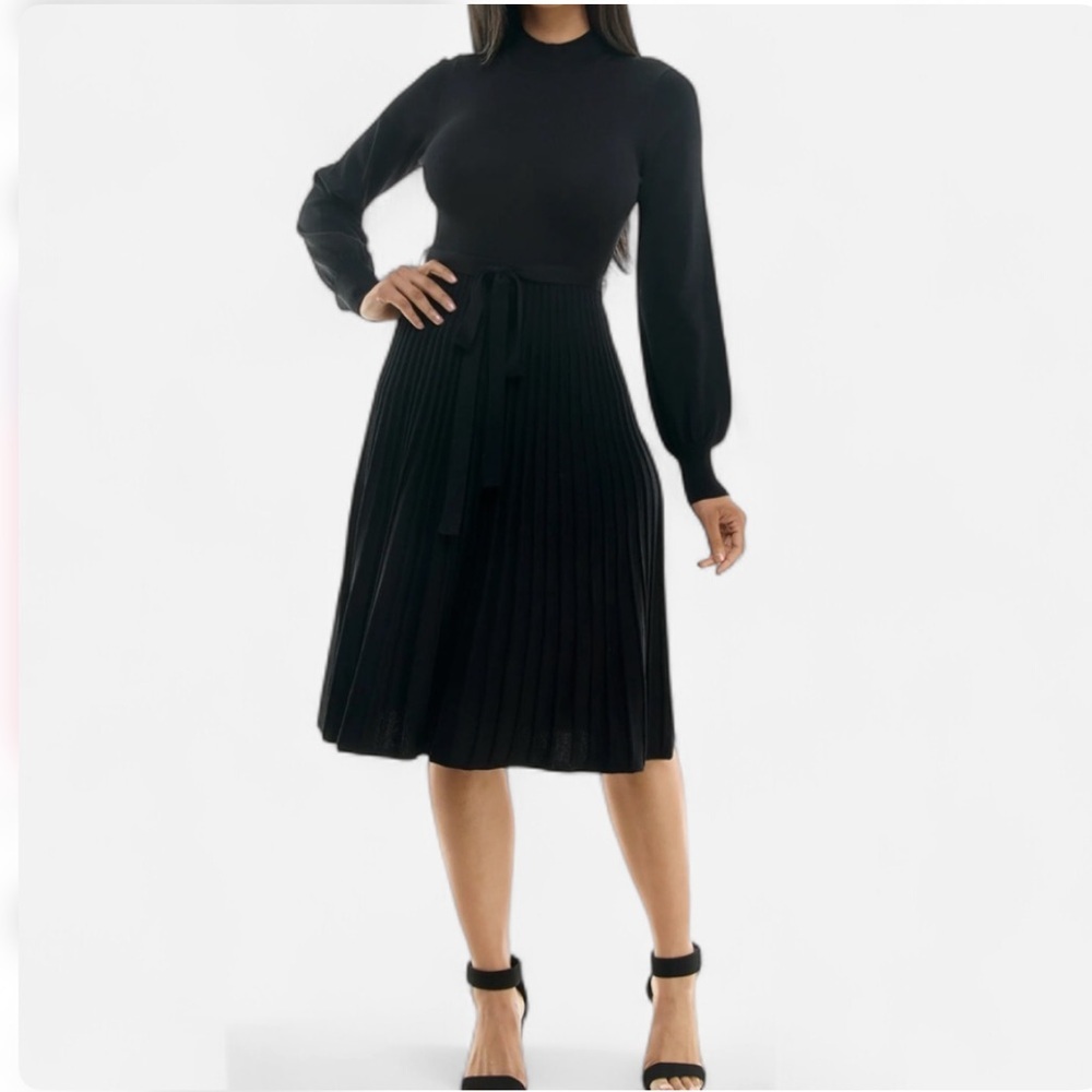 Nina Leonard Black Tie Waist Fit & Flare Sweater Dress Size S NWT